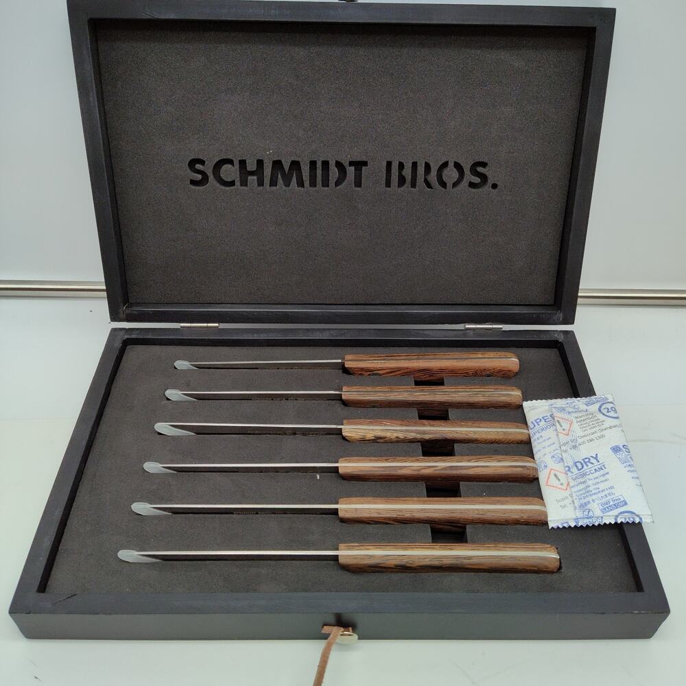 6X Schmidt Bros. No. 18 4.5” Serrated Steak Knife Wooden box